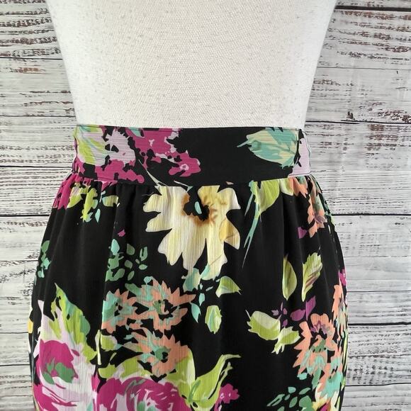 Elementz Skirt sz Large Black Pink Green Floral Sheer Knee Ruffle Modest Wedding - Picture 3 of 9